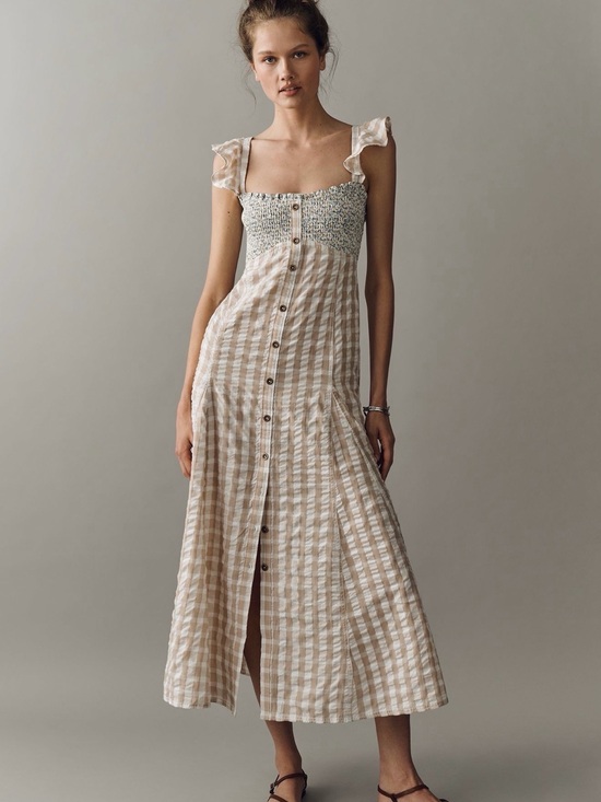 Anthropologie Dresses & Skirts - Anthropologie Pilcro Beige & White Gingham Smocked Midi Dress